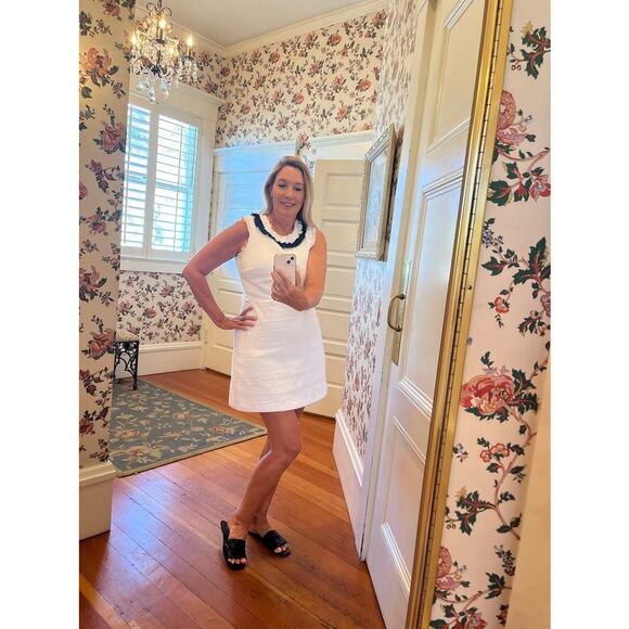 CeCe White Textured Ruffled Collar Black Trim Sleeveless Tweed Shift Dress 12 - Picture 13 of 13